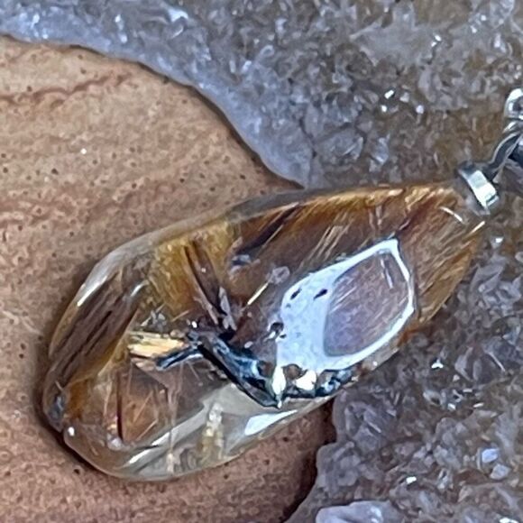 Golden rutilated gold rutile quartz teardrop pendant necklace silver-plated rain - Picture 5 of 12